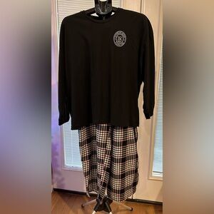 Victoria's Secret Black Pajama Set Jeweled Top w/ Gold Pink Black plaid Bottoms